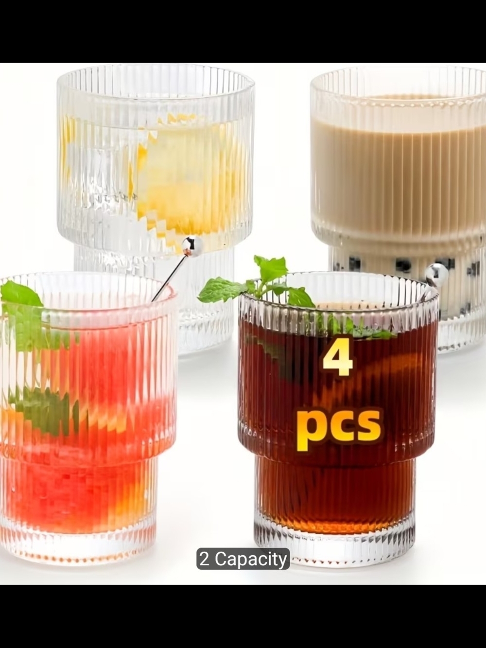 Set of 4 Clear Ribbed Glass Tumblers - Modern Home Dining Glassware